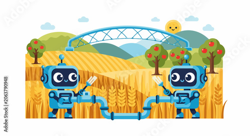 Two friendly robots connecting pipes in a field.
