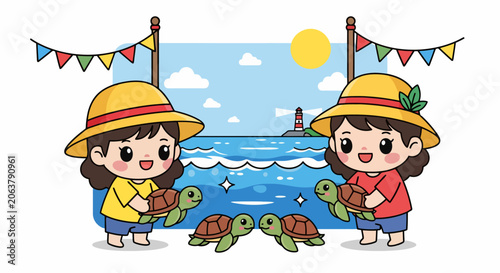Two girls holding baby turtles by the sea.
