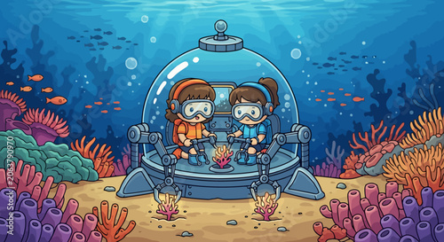 Two cartoon divers inside a submarine exploring the ocean floor.