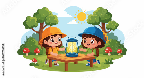 Two happy children sitting at a table with a lantern in a forest setting.
