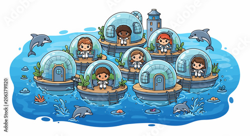 Underwater City with Dolphins and Lighthouse.