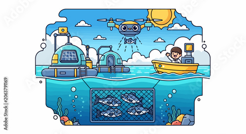 Underwater drone monitors fish farm with person in boat.