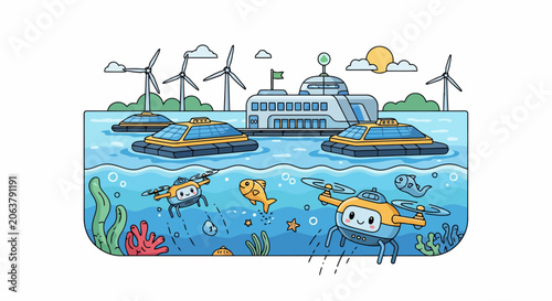 Underwater exploration with futuristic technology and marine life.