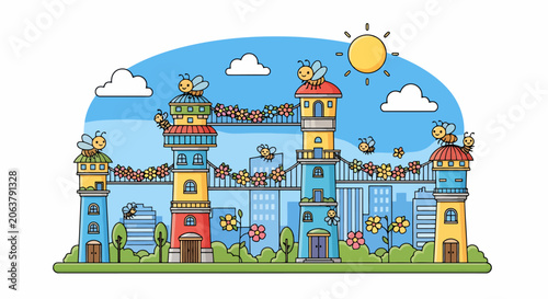 Whimsical cartoon castle with bees and flowers under a sunny sky.