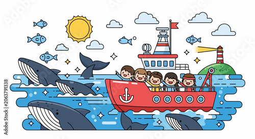 Whale Watching Boat Trip with Happy People and Marine Life.