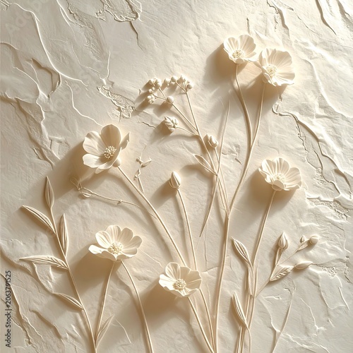 Elegant Beige Handmade Paper Texture With 3D Embossed Wildflower Relief