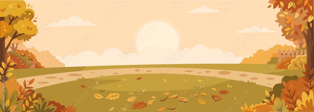 Obraz premium Panoramic autumn landscape vector of a park with a stone path, falling leaves, wooden fence, and warm golden sun in the sky