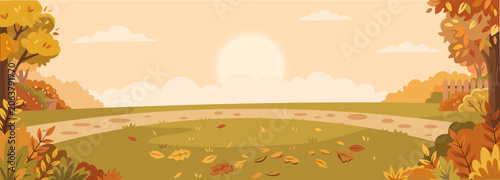 Fotografie Panoramic autumn landscape vector of a park with a stone path, falling leaves, w