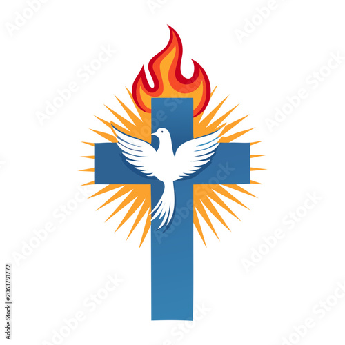Christian Cross with Dove and Flame Symbol