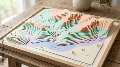 Layered paper relief map of colorful terrain topography.