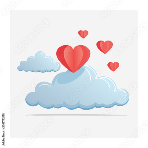 Flat design heart with floating hearts and clouds