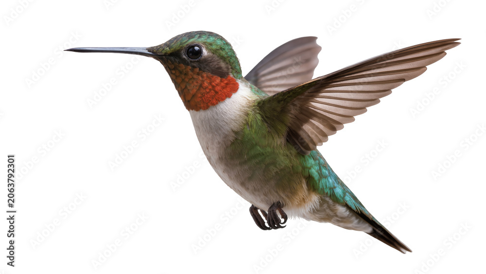 Fototapeta premium Ruby-throated hummingbird in flight with wings spread