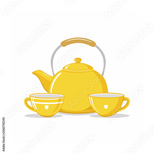 Golden teapot with cup and tea bag isolated