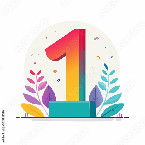 Number One Illustration with Colorful Gradient and Floral Elements