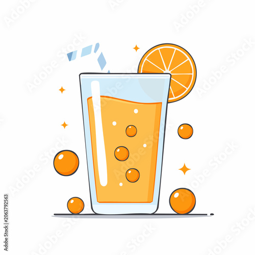 Refreshing Orange Juice in a Glass with Orange Slice and Bubbles