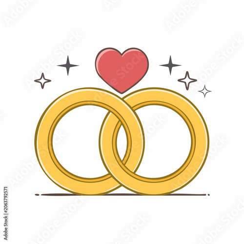 Interlocking Wedding Rings with Heart and Sparkles