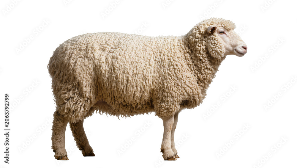 Obraz premium Woolly sheep standing profile view white
