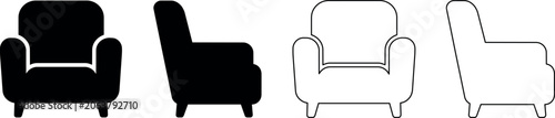 Foto Set of armchair icons in black and white, front and side views