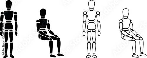 Photos Articulated mannequins in standing and sitting poses, black and white outlines