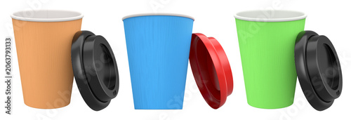 Set of takeaway coffee cups with lids, isolated on white background, concept of beverage