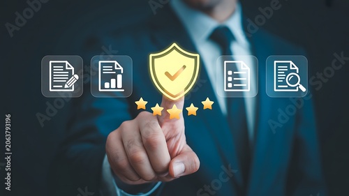 Business security, protection, and rating concept, security shield with five stars