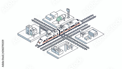 An isometric illustration of a modern high speed train on a railway track system
