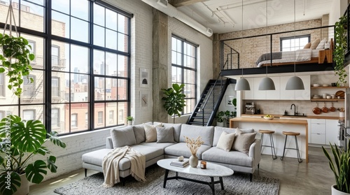 Industrial loft interior with mezzanine and large windows.