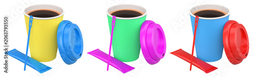 Set of takeaway coffee cups with plastic lids, stirrers, and sugar sachets on white background. Concept of beverage service