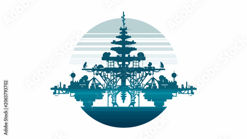 Schilderij op canvas A detailed silhouette of a complex industrial structure against a circular backg