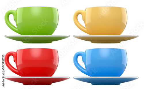 Set of glossy ceramic coffee cups with matching saucers isolated on white background, representing kitchenware concept