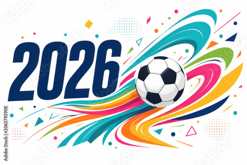 2026 soccer ball illustration with colorful abstract motion wave graphic design