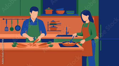 Obraz na płótnie Couple cooking together in a modern kitchen, preparing a healthy meal
