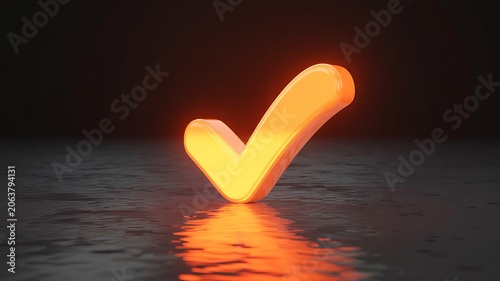 Glowing orange checkmark, neon confirmation symbol, illuminated verification sign, glowing approval icon