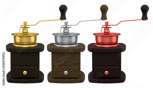 Set of manual coffee grinders with coffee beans inside, isolated on white background, concept of brewing tools