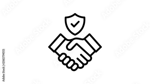 Business partnership handshake, security checkmark shield icon, black line art