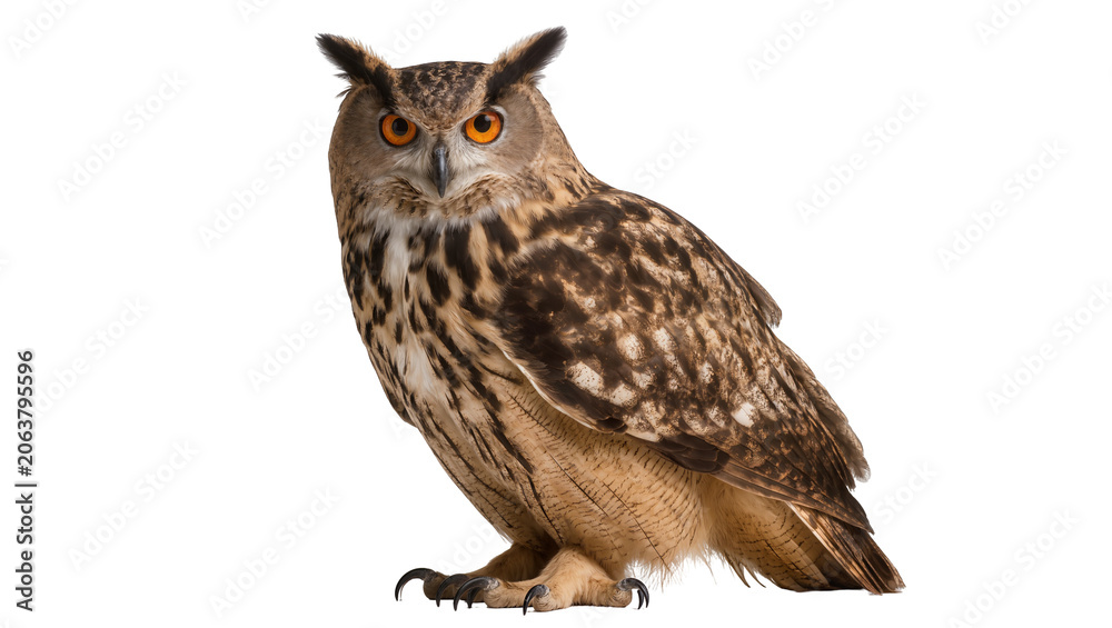 Fototapeta premium Eurasian Eagle Owl with bright orange eyes and patterned feathers