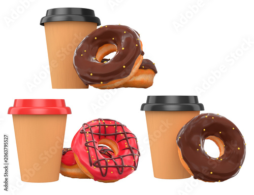 Assorted donuts with colorful icing and sprinkles next to takeaway coffee cups, isolated on white, sweet snack concept