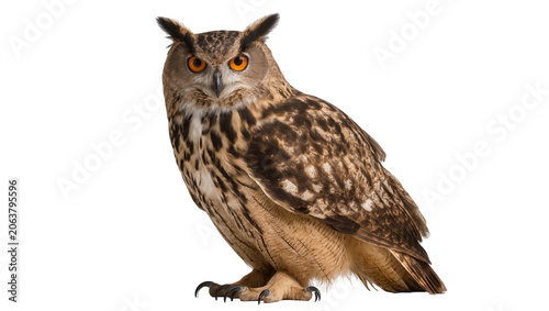 Foto Eurasian Eagle Owl with bright orange eyes and patterned feathers