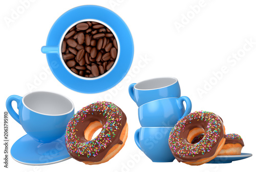 Assortment of coffee cups in various colors with frosted donuts, isolated on white background, concept of sweet breakfast treat