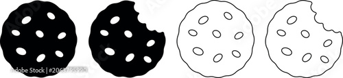 Photos Set of four cookie icons, two solid black and two outline, one bitten