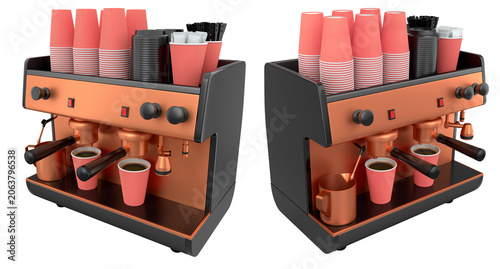 Set modern espresso coffee machines with disposable and ceramic coffee cups, isolated on isolated white background