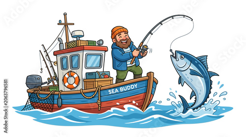 A cute cartoon fisherman standing on a colorful fishing boat in the ocean, reeling in a large tuna fish with a friendly character design and smooth vector style, isolated on a white