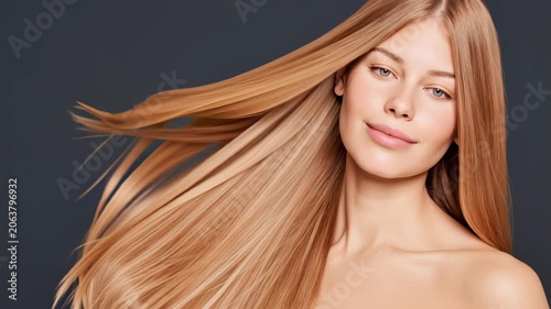 Elegant portrait of woman with long smooth blonde hair in studio lighting