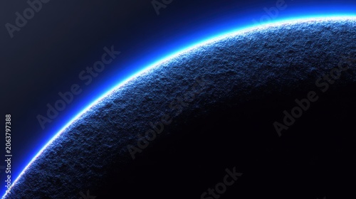 Cinematic blue planet horizon in deep space, glowing atmospheric light on curved planetary edge, textured surface of an alien world in darkness