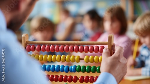 Teacher demonstrating abacus to students in classroom environment