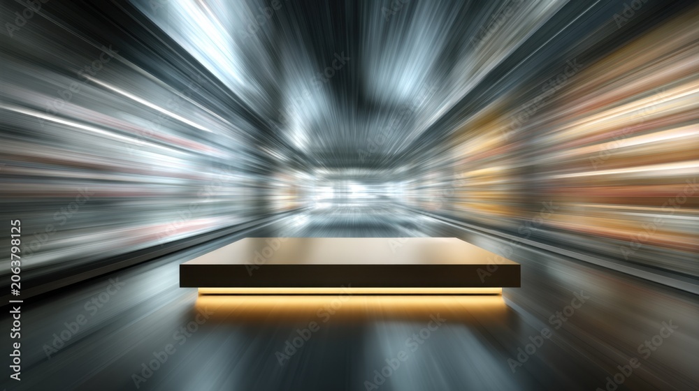 Fototapeta premium product podium with motion blur background, metallic display stage in high speed tunnel, glowing platform for technology showcase