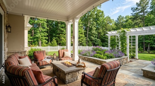 Luxury backyard patio with stone fire pit and seating.