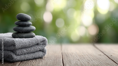 Stacked stones on folded towels with blurred green background and wooden surface