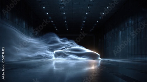 Aerodynamic wind tunnel testing of a sports car, futuristic vehicle silhouette with smoke trails, automotive engineering and fluid dynamics concept
