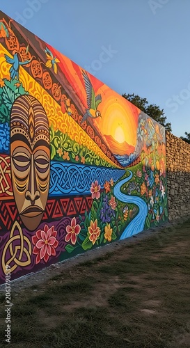 Vibrant Colorful Mural Featuring African Mask and Scenic Sunset Landscape.